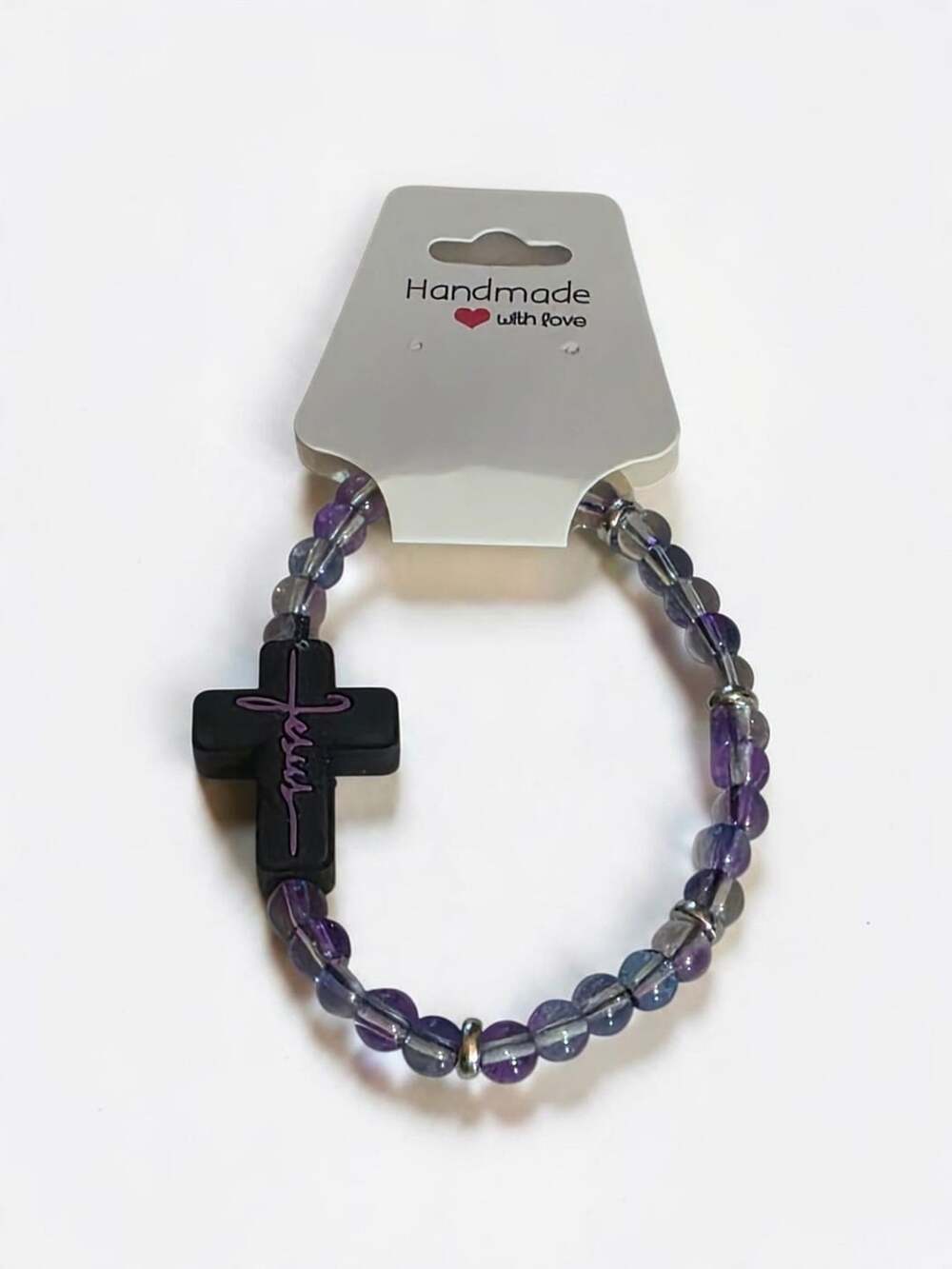 Handmade Beaded Jesus Cross Bracelet Purple